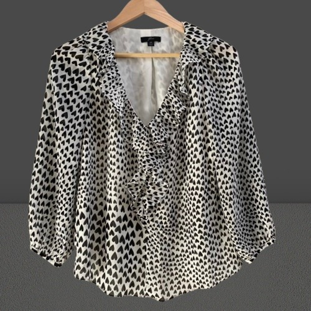 J. Crew Women's Heart Print Ruffle Blouse White Black XS